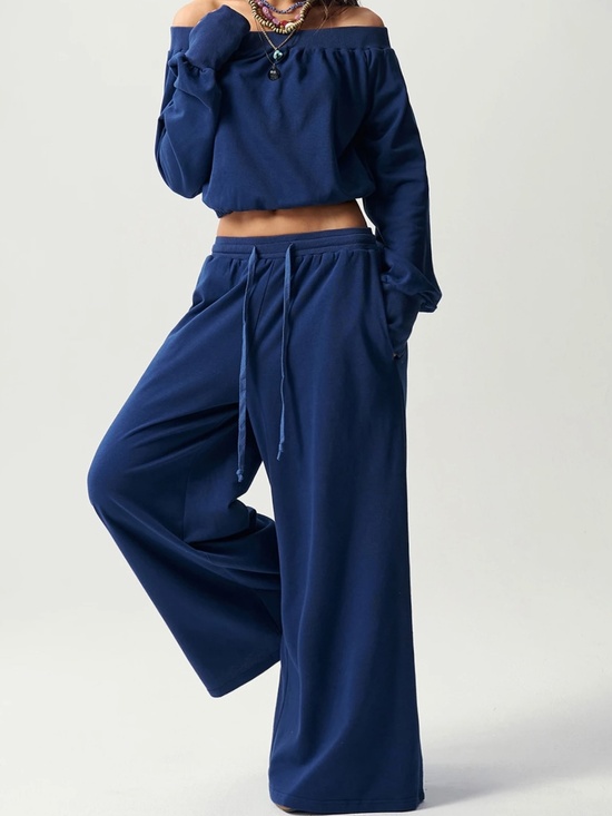 Pants - Solid Blue Off Shoulder Long Sleeve Top Wide Leg Pants Set